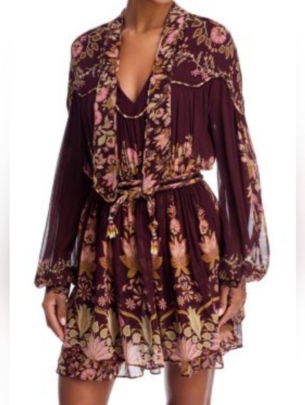 FARM Rio Plum Floral Mini Dress with Pink and Gold Accents